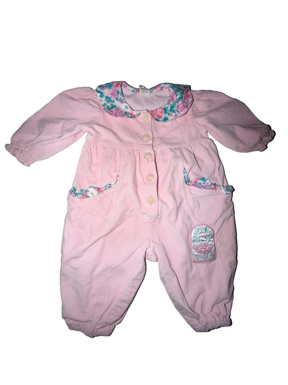 Vintage Girls Corduroy Pink Romper Rose Button 100% Cotton 12 Months